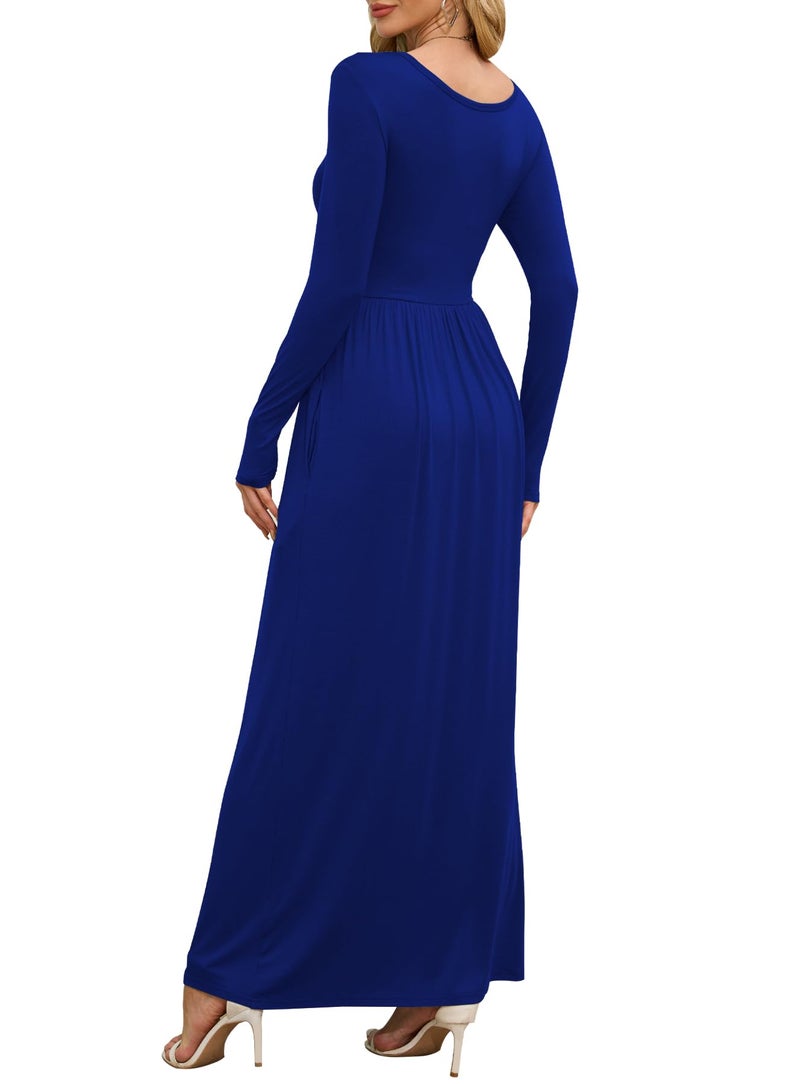 DEARCASE Women Dress Dark Blue Large Crewneck Long Sleeves Maxi Wedding Guest A-line Plain Casual Empire Waist Flowy Party Vintage Spring Fall Winter Floor Dresses with Pocket - Image 2